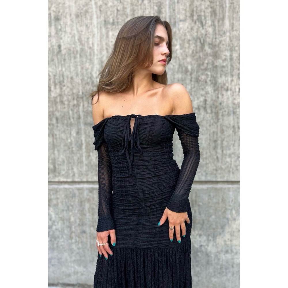 Ganni Black Ruched Off-Shoulder Bodycon Dress